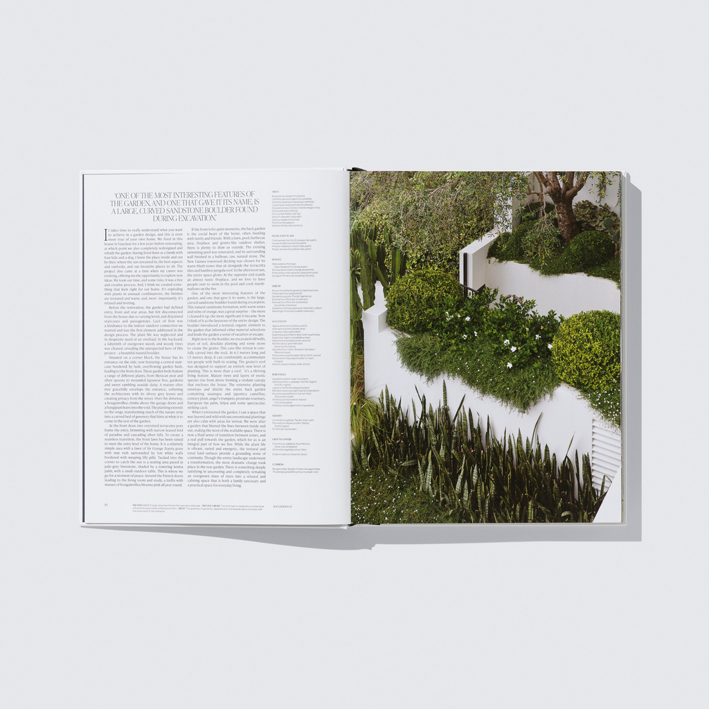 Open book with a garden scene on one page and text on the other, on a white background.