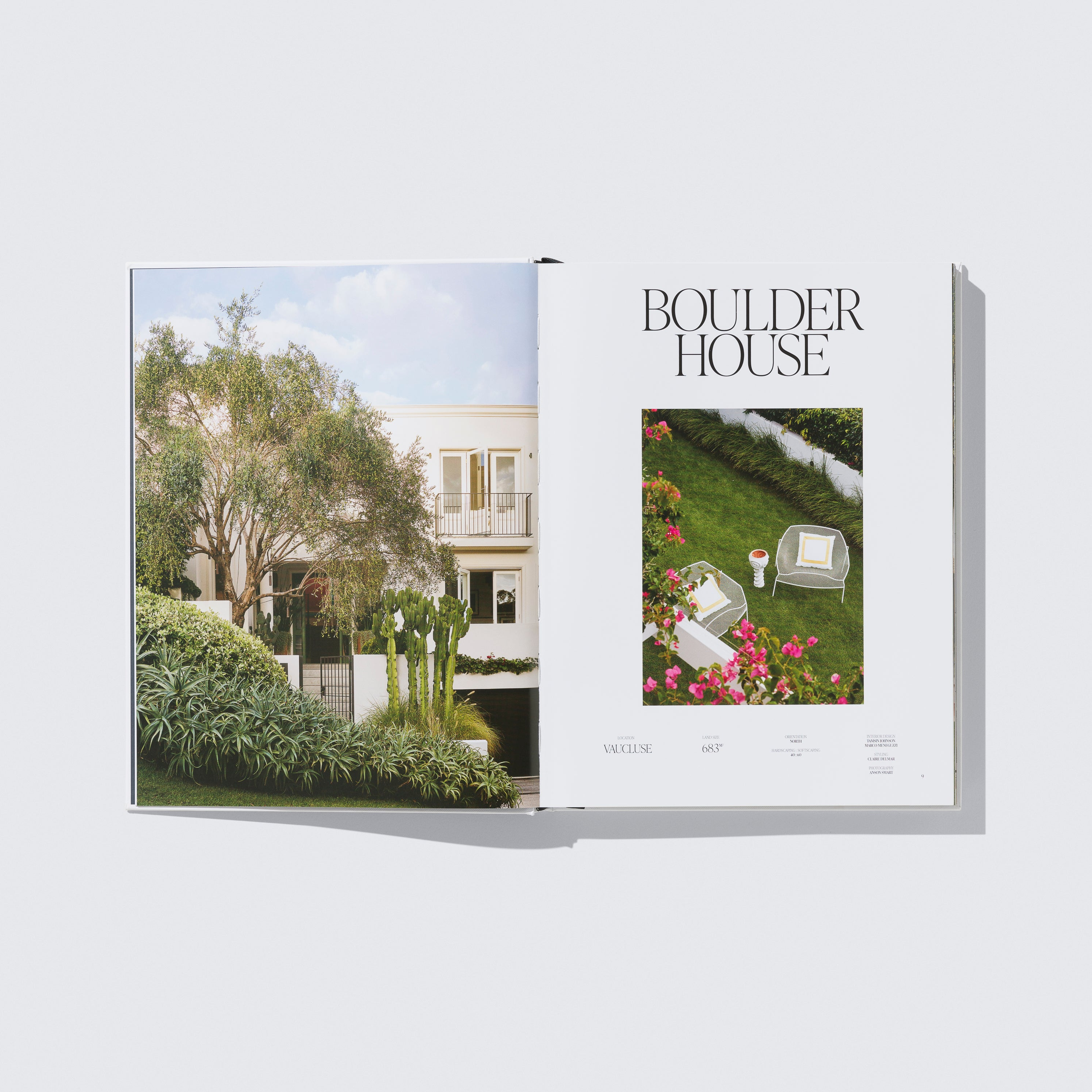 Open book showing images of a house and garden with 'Boulder House' title.